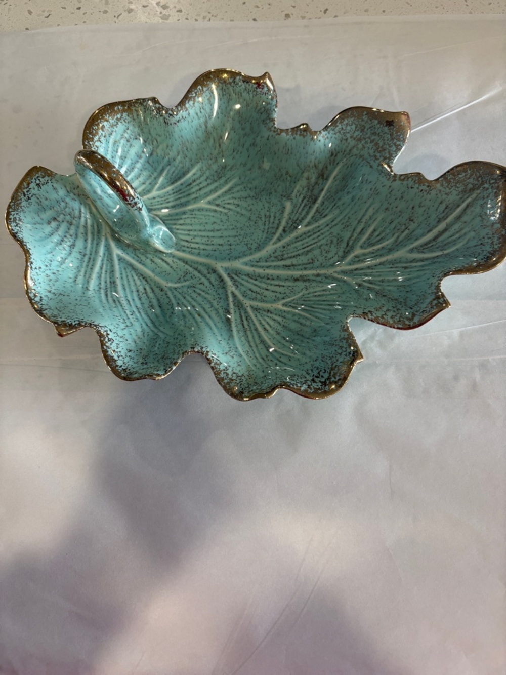 VINTAGE Ceramic Leaf Serving dish in Turquoise with Gold Trim -